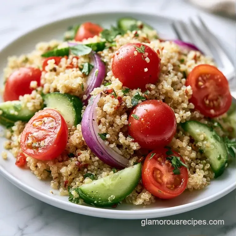 A colorful blend of fluffy grains and crisp vegetables served in a clear glass bowl with a fresh lemon wedge.
