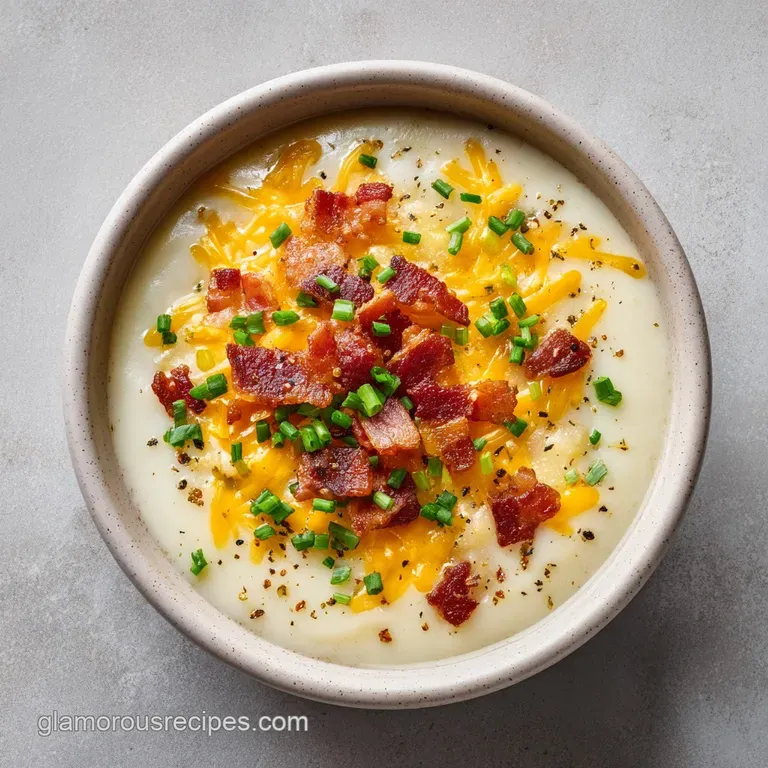 A rustic ceramic bowl of creamy white soup garnished with golden melted cheese and sprinkles of bright green herbs.