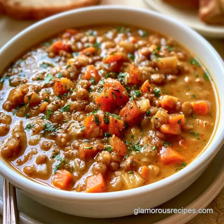 Hearty golden-brown soup in a matte grey bowl, paired with thick toasted sourdough and fresh herb sprigs.