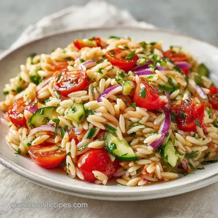 A white porcelain plate holding a neat mound of pasta salad topped with fresh parsley and a drizzle of lemon oil.