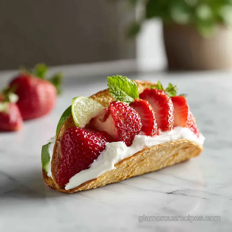 A swirl of white cheesecake fills a golden cinnamon taco shell, adorned with glistening fresh strawberry halves.