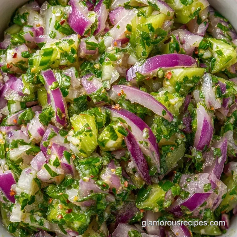 Fresh greens and aromatic herbs arranged in a white ceramic bowl, topped with a sprinkle of flaky sea salt.