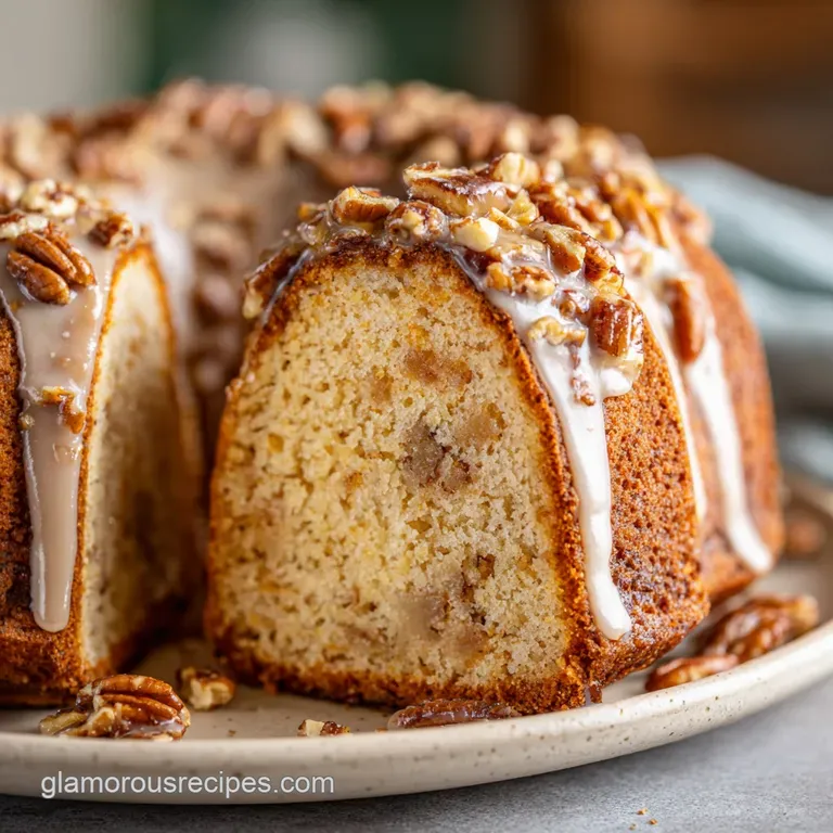Slice of glazed pound cake with toasted pecans, served on a white plate. Crumbly edges and moist crumb visible.
