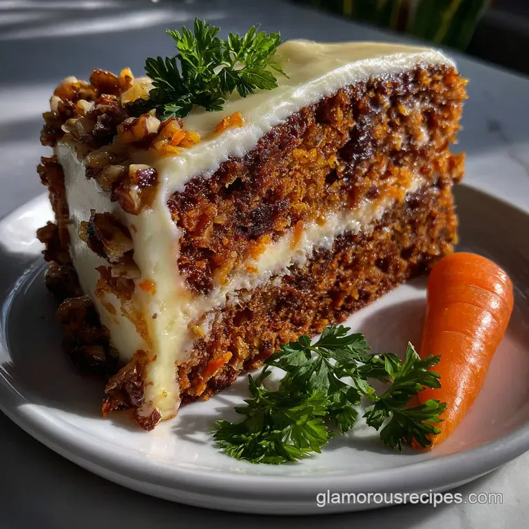 Elegant slice of carrot cake on a white plate, drizzled with frosting and garnished with a candied carrot curl. A refined ...