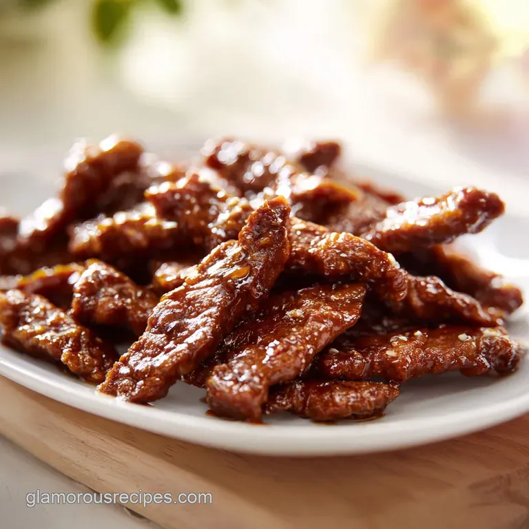 Elegant white bowl of glistening brown beef strips topped with sesame seeds and scallions on a rustic wood surface.