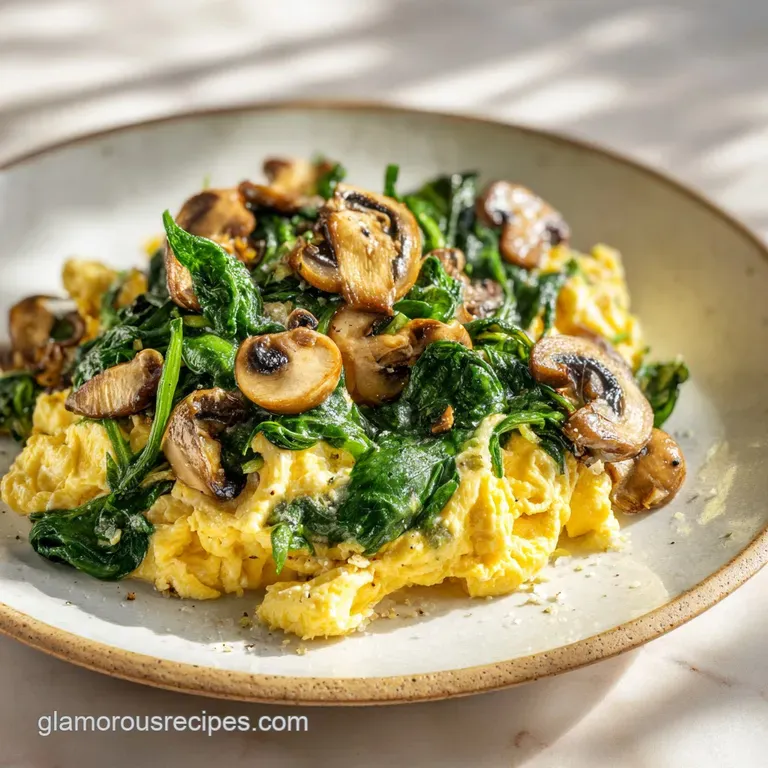 Creamy scrambled eggs with spinach and mushrooms, artfully plated with a sprinkle of herbs and a side of golden-brown toast.