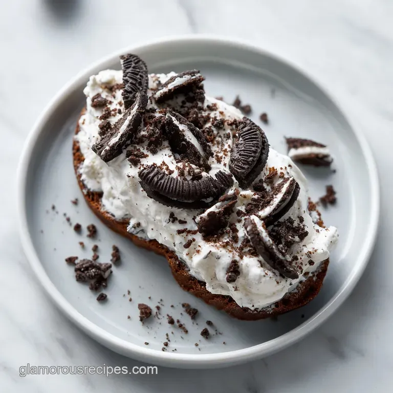 A scoop of smooth, white dessert dip artfully presented in a bowl, topped with crushed Oreo pieces.