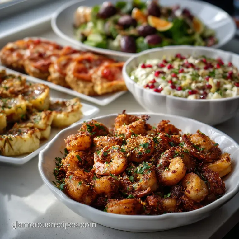 Artfully arranged platter with a variety of light bites. Delicate canap&eacute;s, sparkling bubbles in glasses, and fresh herbs o...