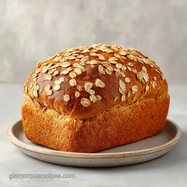 Slices of warm, toasted oat bread with melting butter on a minimalist white plate beside a sprig of greenery.