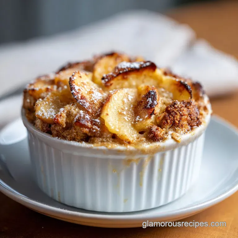 Individual ramekin of apple baked oatmeal, garnished with a sprig of mint and a drizzle of maple syrup. Rustic charm.