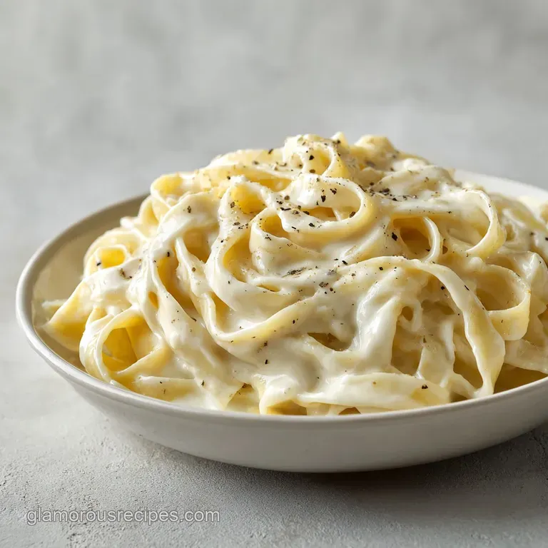 Elegant swirl of creamy white pasta in a white bowl, topped with fresh green herbs and shaved parmesan.