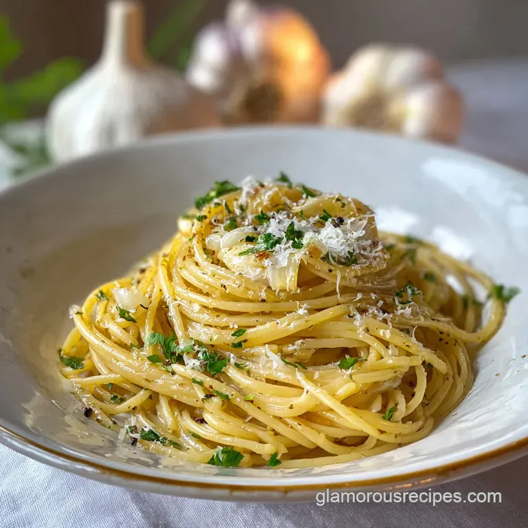 Elegant swirl of creamy garlic pasta on a white plate, garnished with herbs and a drizzle of olive oil. Silky smooth & app...