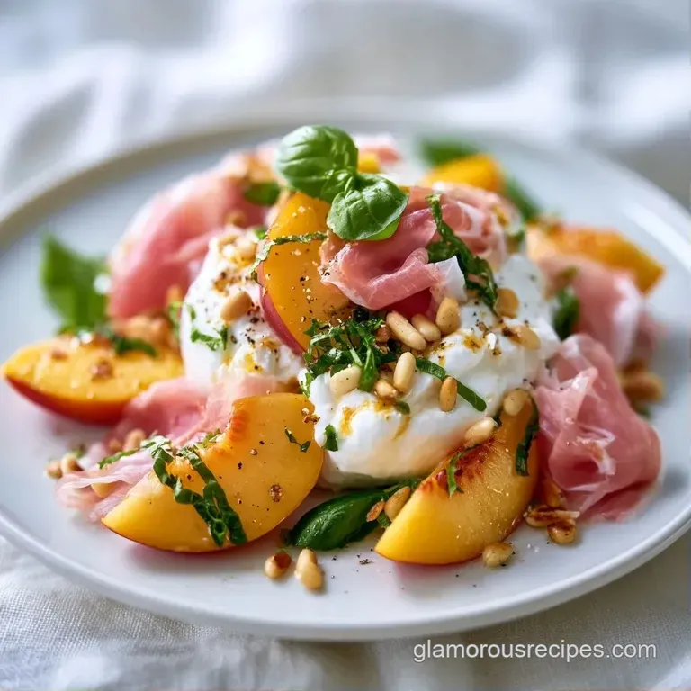 Elegantly plated golden peach wedges and a soft cheese center garnished with microgreens and a drizzle of olive oil.