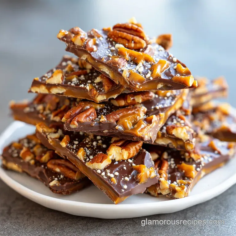 Neatly arranged squares of pecan bark with rippled chocolate swirls on a white plate. Lightly dusted with powdered sugar.