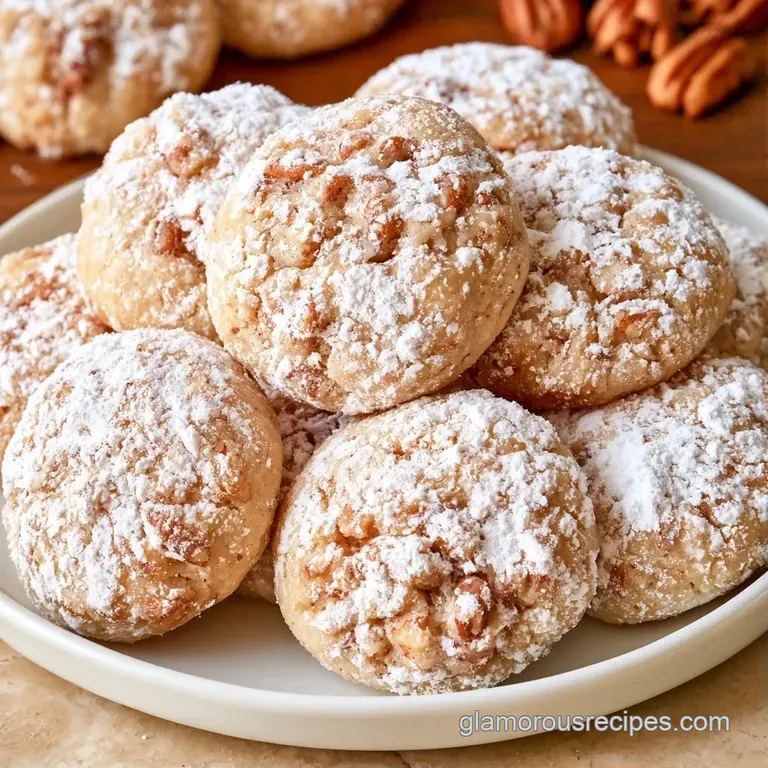 Pile of white powdered sugar treats on a ceramic plate, accented by a linen napkin and whole toasted pecans.
