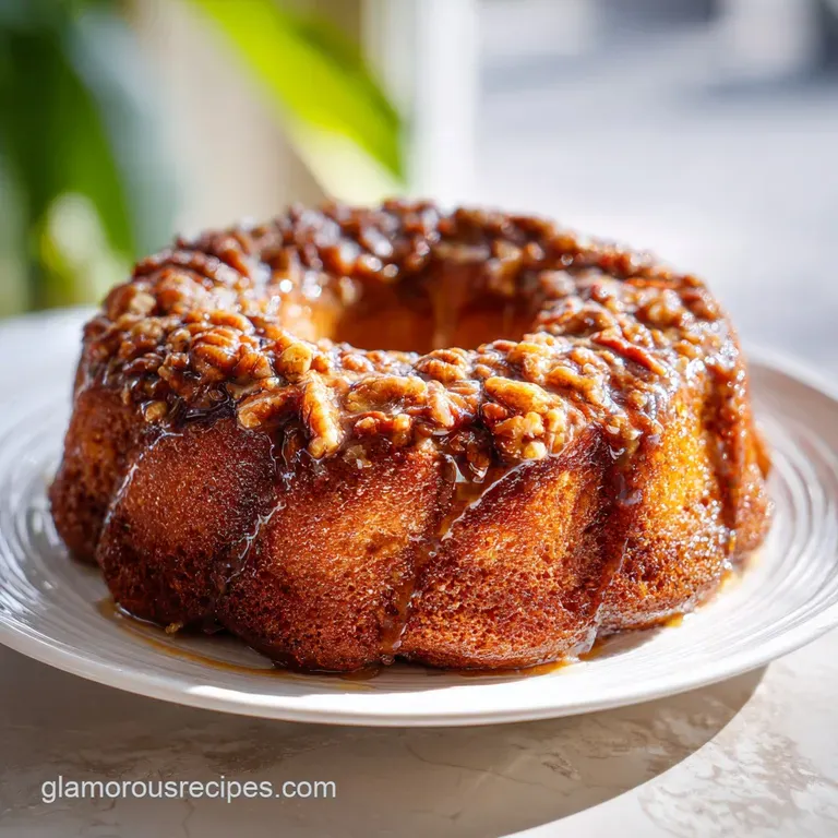 Slice of pecan cake with caramelized nuts, resting on a plate with a dusting of powdered sugar. Warm and inviting.