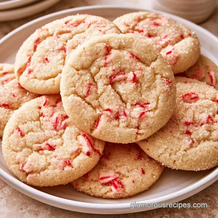 A stack of pale gold cookies with swirling white frosting and peppermint bits on a white ceramic platter.