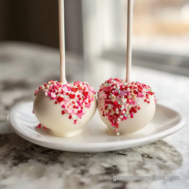 Three frosted cake pops, standing upright in decorative cups. Sprinkles catch the light, hinting at a soft, sweet interior.