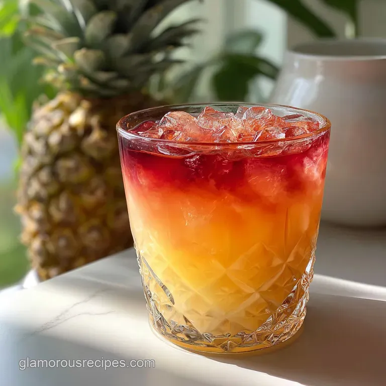 Tall glass filled with tropical pineapple cocktail, glistening condensation, bright cherry, foamy top, against blurred, wa...