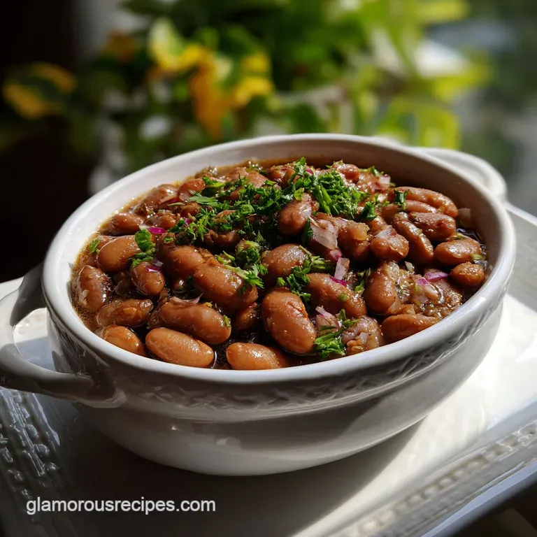 Glossy, tender pinto beans in a rustic bowl, garnished with vibrant green cilantro & a swirl of cream. A simple, yet flavo...