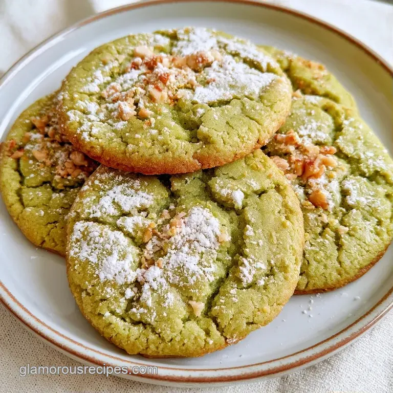 A neat stack of pale green cookies dusted in white sugar on a matte ceramic plate with a soft linen napkin.