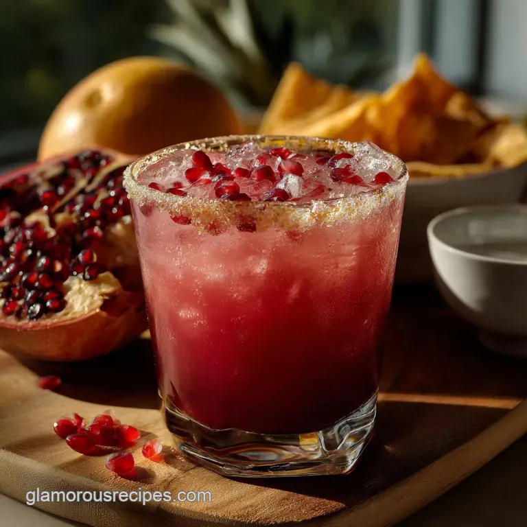 Elegant margarita with a gradient of pink, lime wheel garnish, and glistening salt on the rim, presented on a stone coaster.