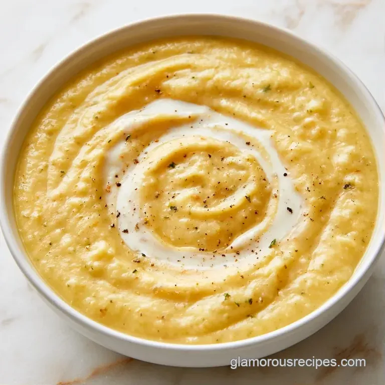 Smooth ivory soup in a rustic bowl with a white yogurt swirl, fresh parsley, and golden toasted bread on the side.