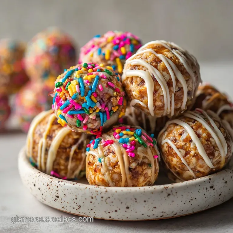 Three glistening protein balls staged on a small white plate. Garnished with chopped nuts and drizzles of syrup, awaiting ...