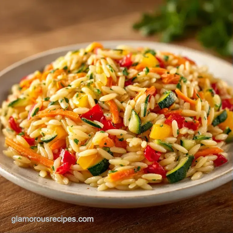 Colorful pasta salad piled high in a white bowl, accented by fresh green herbs and bright red cherry tomato halves.