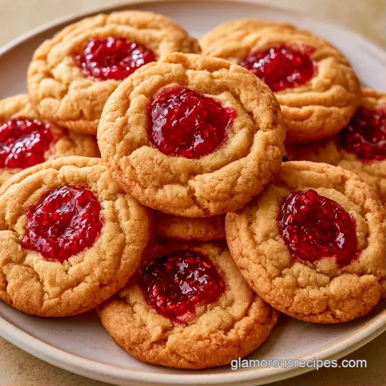 Elegant arrangement of golden butter cookies with shimmering red jam centers on a minimalist white ceramic plate.