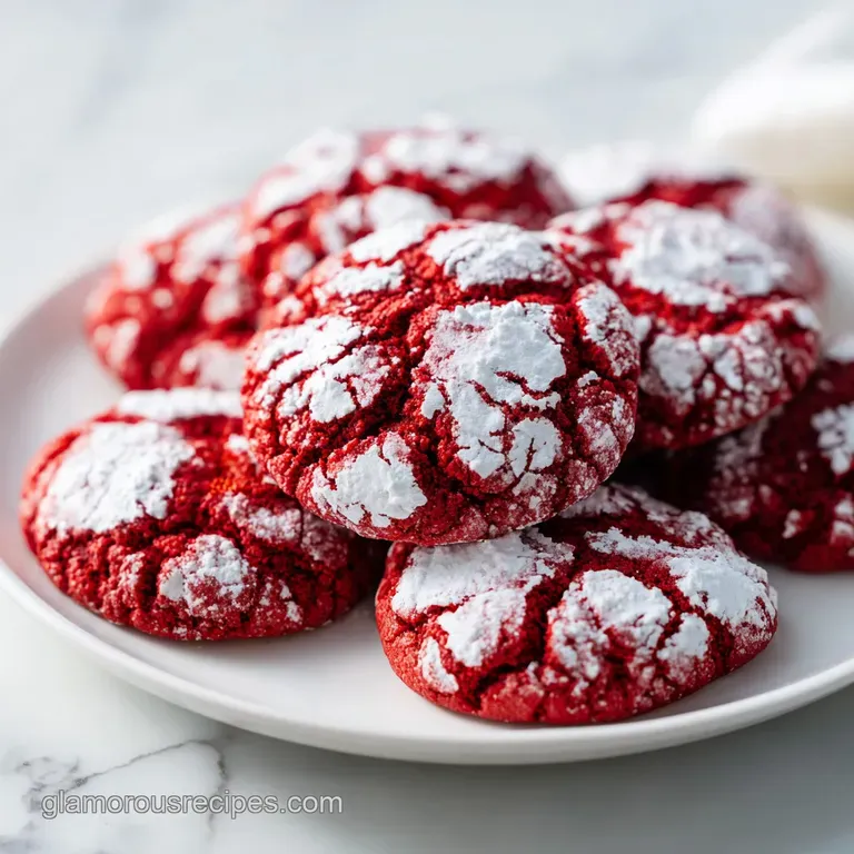 A neat stack of deep crimson treats dusted in white sugar, served on a marble platter with a linen napkin nearby.