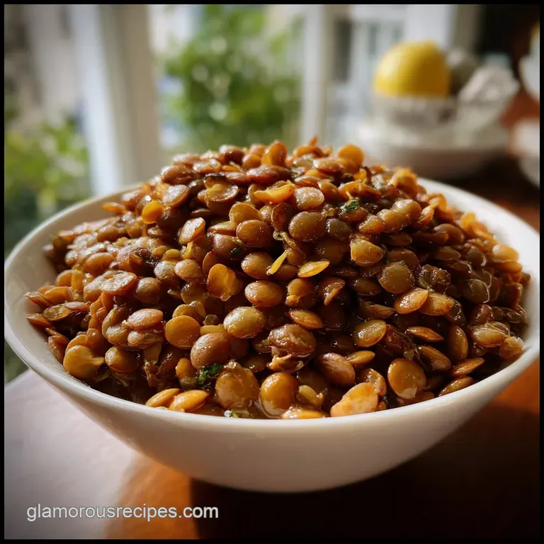 Elegant white plate showcasing a scoop of perfectly cooked lentils, alongside a bed of rice and a sprig of fresh parsley f...