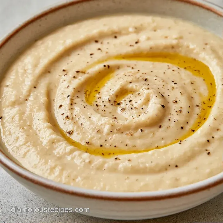 Elegant white bowl of smooth cream soup accented by a vibrant swirl of golden oil and a sprig of fresh thyme.