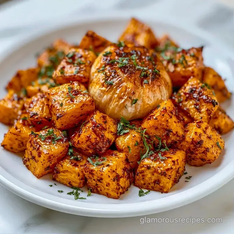 Tender orange squash cubes on a matte black plate, garnished with toasted garlic cloves and a sprig of rosemary