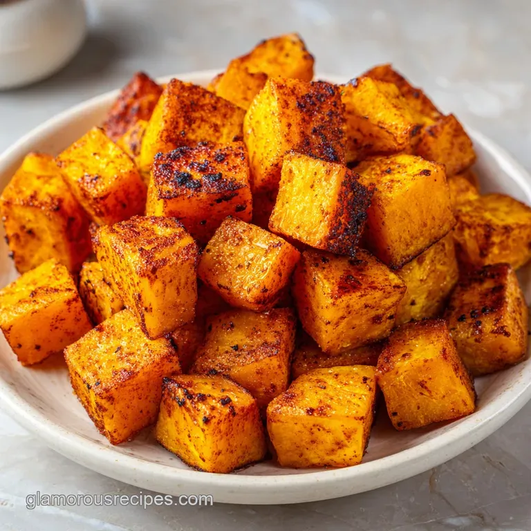 Vibrant orange cubes arranged neatly on a slate platter, garnished with tiny green herbs and a pinch of sea salt.