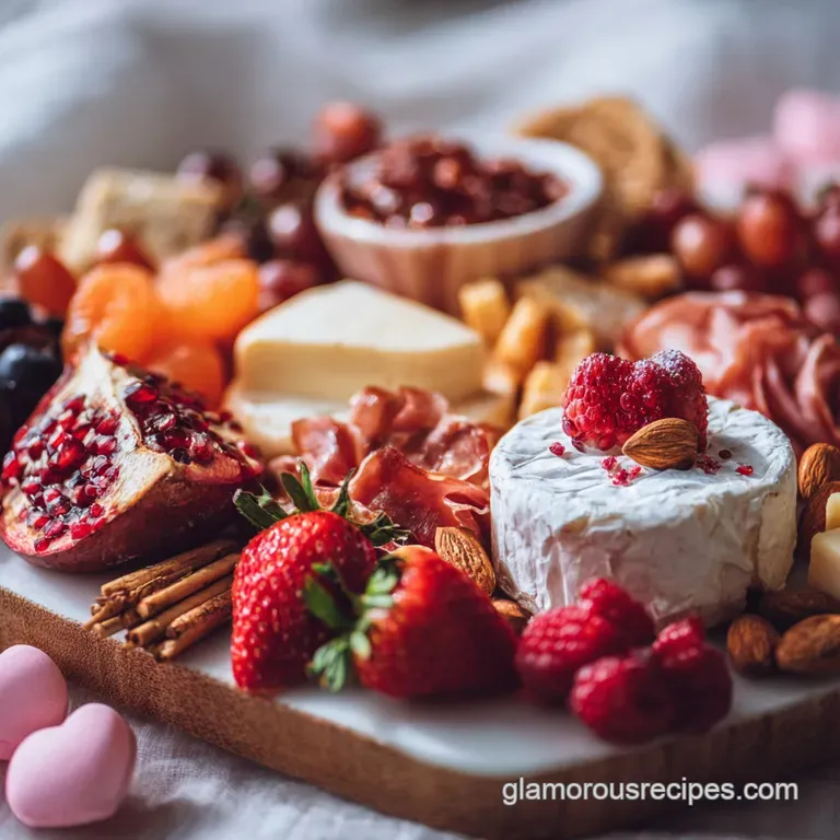 Elegant Valentine's charcuterie with heart-shaped cheese, ruby red strawberries, and prosciutto roses displayed on slate.