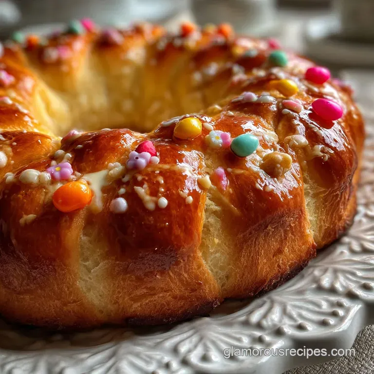 Slice of Rosca de Reyes on a white plate, vibrant candied fruit glistening, showcasing the bread's soft, airy texture.