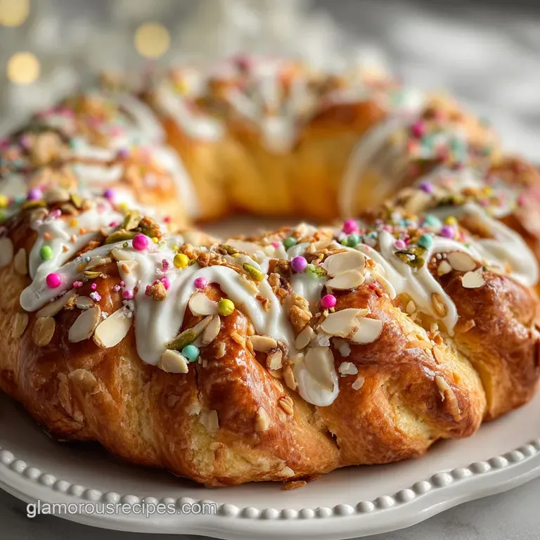 Overhead shot of a golden-brown Rosca de Reyes, studded with candied fruit jewels and sprinkled with coarse sugar crystals.