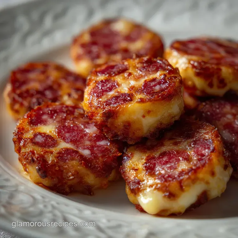 Crispy baked salami and cheese, artfully arranged on a wooden board, garnished with fresh herbs.