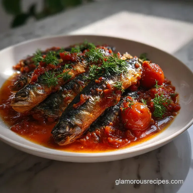 Elegant plate featuring glistening sardines in a luscious tomato sauce, garnished with fresh herbs, showcasing a refined d...
