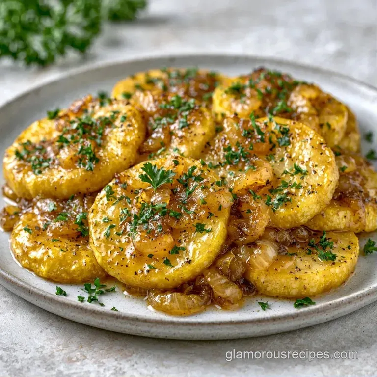 Bright yellow and green squash slices arranged neatly on a white ceramic plate with a sprinkle of cracked pepper