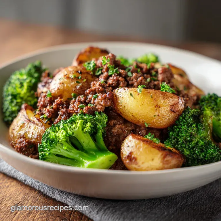 Plated ground beef and herb potatoes, steam rising, hints of parsley. Glistening potatoes and browned beef create textural...