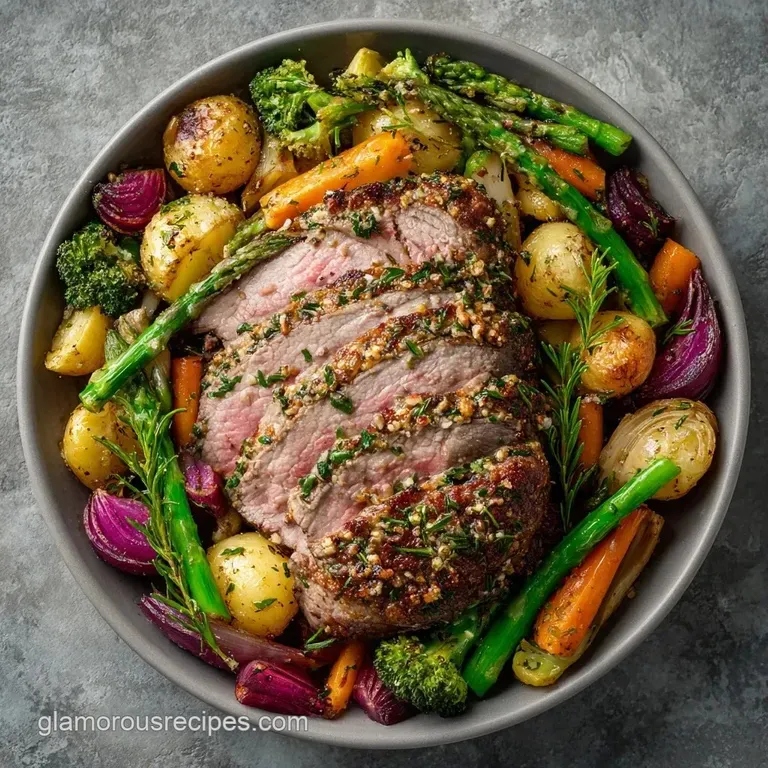 Elegantly plated roasted roots and greens accented with bright edible flowers and a drizzle of herb-infused oil.