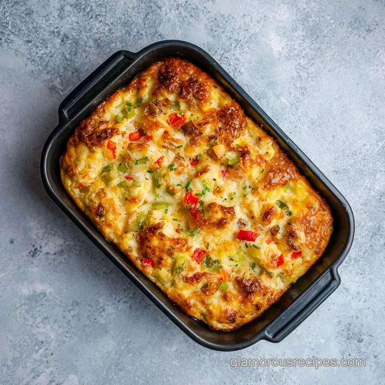 A savory breakfast casserole slice, fluffy and golden, topped with fresh chives on a white plate.