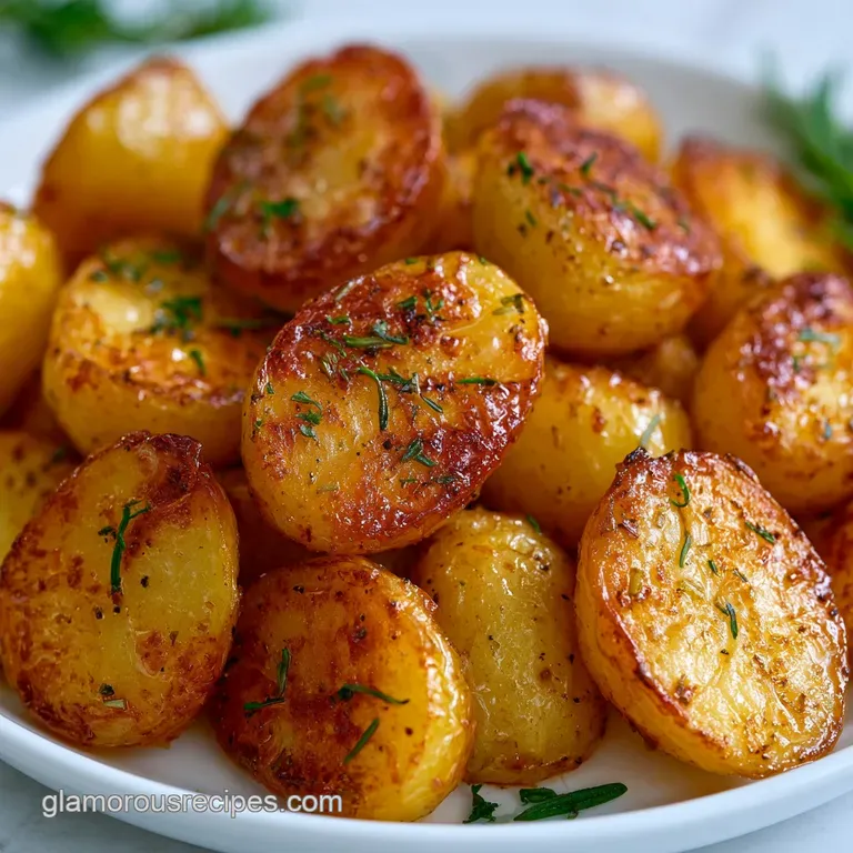 A heap of crispy roasted potato chunks garnished with fresh chopped parsley on a white minimalist porcelain plate.