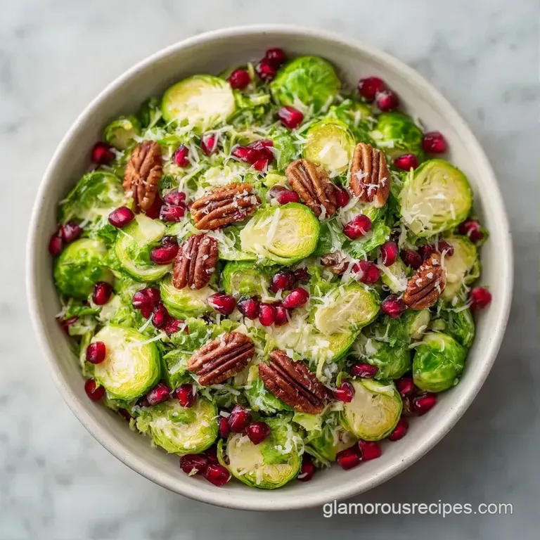 A mound of thinly sliced greens and golden nuts served on a white ceramic plate with a sprinkle of feta cheese.