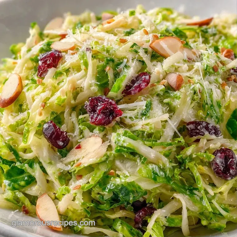Mounded bright green shredded sprouts in a matte white bowl, finished with toasted nuts and a drizzle of oil.