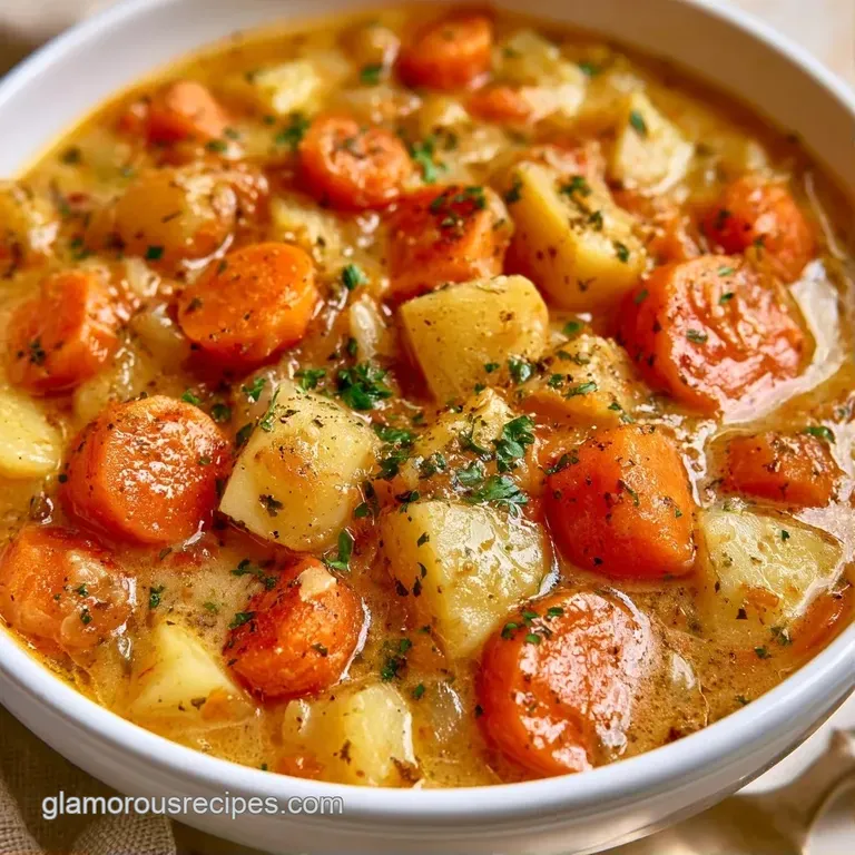 Vibrant vegetable soup in a white ceramic bowl topped with fresh parsley and a side of crusty sourdough bread.