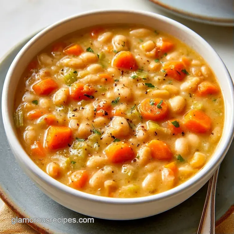 A white ceramic bowl of creamy bean soup garnished with fresh parsley and a golden swirl of extra virgin olive oil.