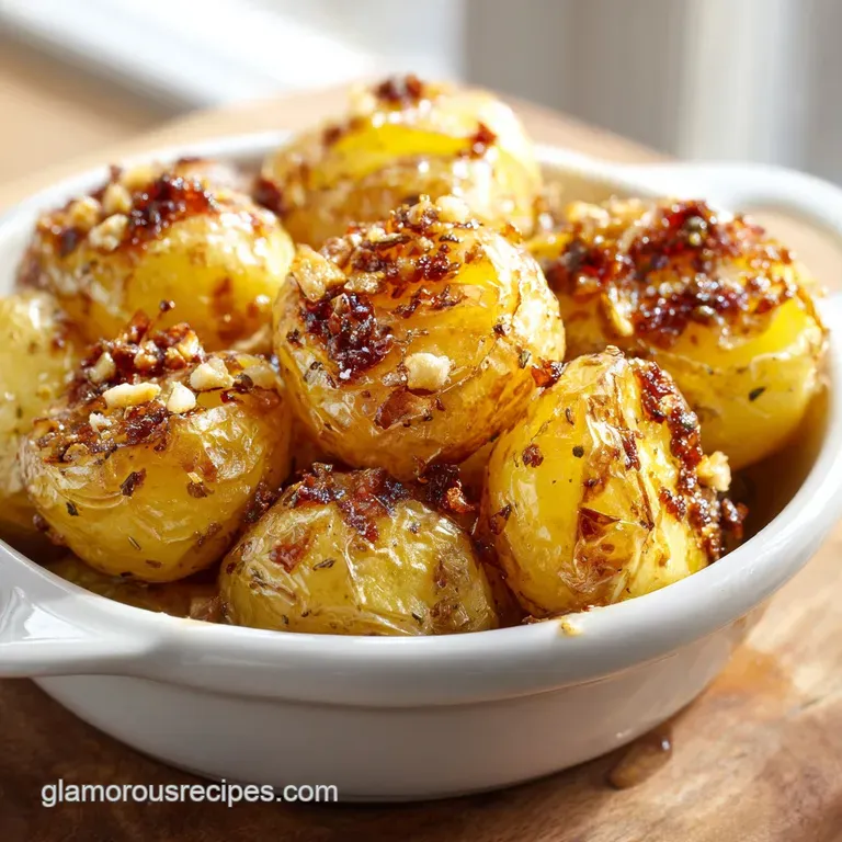 Smashed golden potato rounds stacked on a white ceramic plate with a dollop of creamy white dip and microgreens.